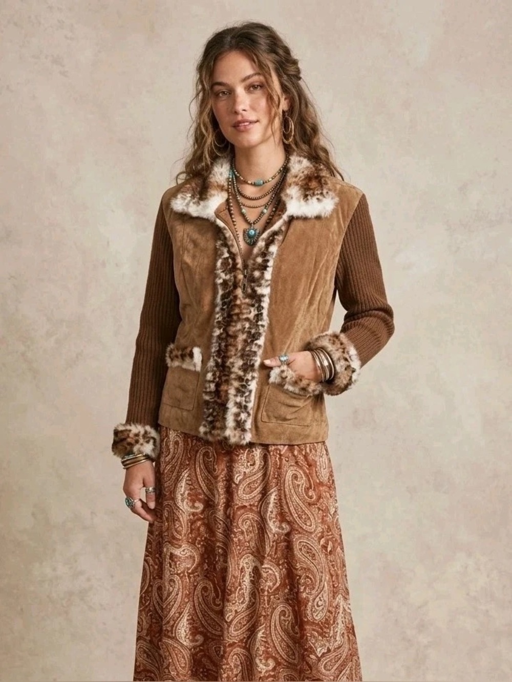 Kenji Women Brown Suede Sweater-Jacket MED Genuine Rabbit Fur Leopard Trim Lined